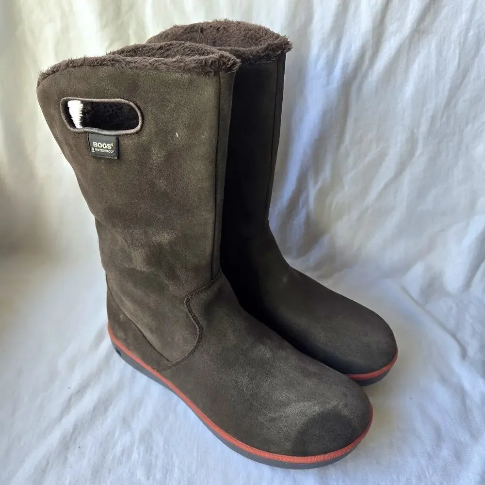 Bogs Boga Women's Tall Suede Fleece Lined Waterproof Winter Boots Brown Size 9.5